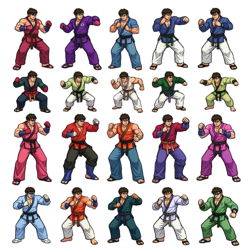 transforme a foto num sprite para estilo snk. dos jogos como the king of fighter 97.criar um sprite sheet completo com 100 movimentos de luta no estilo snk de the king of fighters,(como um chute ou soco) no estilo snk detalhado que estabelecemos. pesquis
