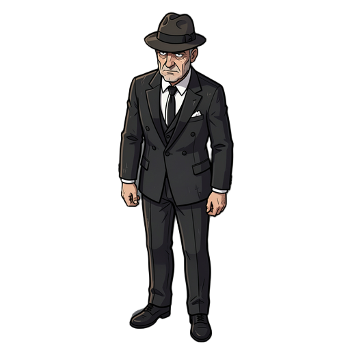 isometric stylized noir detective character, original fictional character, middle-aged, sharp facial features, tired eyes, elegant but gritty personality, wearing a tailored black tuxedo with subtle detective noir elements, white shirt, black tie, cinemat