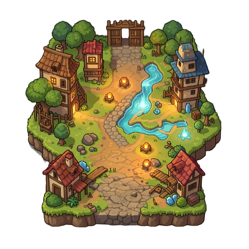 crie um mapa para mmorpg pixel arte iluminação boa,  terreno bom e bonito,  atemosfera ,  