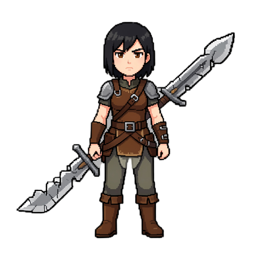 pixel art female mercenary character, short black hair, brown eyes, serious expression. wearing a tough medieval leather tunic, simple pants and boots. holding a large greatsword with a broken shattered blade. 16-bit style game asset, flat shading, clean 