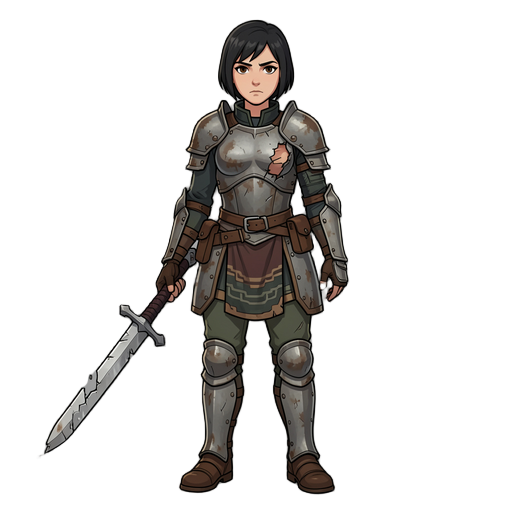 full body character sprite sheet, female soldier named jessica, 20 years old, short black hair, brown eyes, serious expression, worn armor, breastplate damaged and only covers the left side of the torso, holding a broken zweihander sword that is now the s