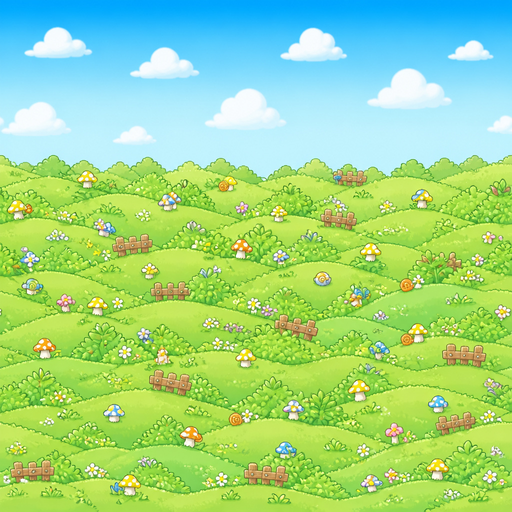 seamless horizontal 2d tile, maplestory style. continuous green rolling hills edge-to-edge, no horizon. small flowers, snail shells, mushroom clusters, wooden fences evenly scattered. soft blue sky gradient top 30%. pastel greens, yellows, sky blues. no f