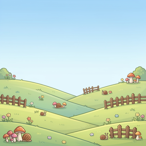 seamless horizontal 2d tile, maplestory style. continuous green rolling hills edge-to-edge, no horizon. small flowers, snail shells, mushroom clusters, wooden fences evenly scattered. soft blue sky gradient top 30%. pastel greens, yellows, sky blues. no f