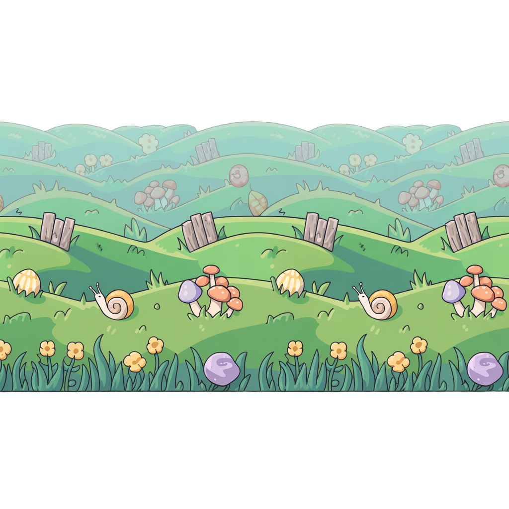 seamless horizontal 2d tile, 2048x1024, maplestory style. continuous green rolling hills edge-to-edge, no horizon. small flowers, snail shells, mushroom clusters, wooden fences evenly scattered. soft blue sky gradient top 30%. pastel greens, yellows, sky 
