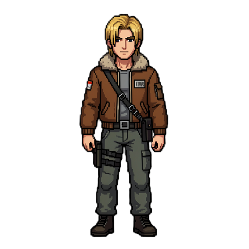 2d pixel art sprite sheet of leon s. kennedy from resident evil 4, 32x32 pixel resolution, detailed pixel art style. character wearing his iconic brown bomber jacket with fur collar, grey undershirt, tactical pants, and shoulder holster. distinctive blond