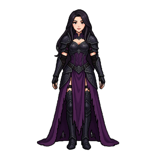 full-body sprite of a beautiful and feminine dark fantasy woman, 2d pixel art style, 16-bit aesthetic. she has elegant and delicate facial features, long flowing dark hair, and a graceful posture. she is wearing intricate, dark gothic-style armor mixed wi