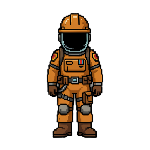 crie um asset idle para um personagem em pixel art, tamanho 16 bit, com movimento para animação fluida. a imagem deve ser em fundo png, e o desenho dos frames apenas na horizontal. o personagem é um mineiro espacial para jogo em 8 direções, mas se concent