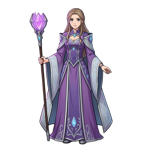 female mage  a mysterious and intelligent female mage with a slim, graceful build. wearing long purple robes with silver and blue accents. light cloak with decorative magical patterns. holds an elegant staff with a glowing violet crystal. long hair, parti