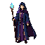 male mage  a young elegant mage with a slim build and calm expression. wearing long flowing robes in dark blue and purple tones with subtle golden details. a hooded cloak partially lowered behind the shoulders. carries a wooden staff with a glowing blue c