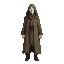 fantasy rpg character concept, pixel art sprite, full body, front view, standing, a slender traveler wearing a smooth white porcelain theatrical mask with narrow eye slits, long dark hair past the shoulders, layered worn traveler clothing: long hooded clo