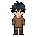 young peasant boy in medieval brown clothing and bluish-black hair