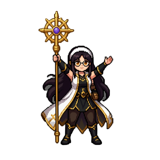 pixel art game character, female cleric healer, dark long hair with white headband, round amber glasses, black and gold ornate robe with white inner cape, large golden sun-cross staff, full body visible, dark fantasy rpg style, black background, no backgr
