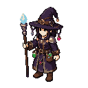i want a witch character she has a staff with a bit crystal at the top, a tool belt for potions, a big witch hat decorated with chains and charms, ragnarok pixel art style
