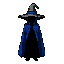 i want a witch character, she is a void persona, meaning her body or silhouette is black with some nuances of blue, she has a blue cape, and a very detailed and big witch hat that can be gray with blue to not mix with her body but can also be black since 
