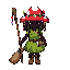 cute little mushroom hat witch, her skin is almost black,  big red with withe spots mushroom hat decorated with trinkets, leaf dress and boots, broom also work as a staff, belt with a grimoire.