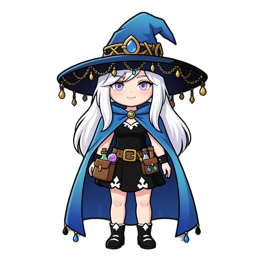 witch, main palette blue gradient and black gradient and gold, long white hair, soft lavender eyes, blue cape, big black and blue hat with gold decor like chains and charms and frufrus around the edges, short black dress with white elements, tool belt for