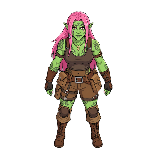 female orc, green skin, pink long hair, tattoos and piercings, brown clothes, tool belt, fingerless gloves, knee high boots
