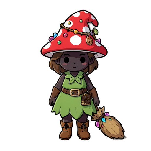 cute little mushroom hat witch, her skin is almost black,  big red with white spots mushroom witch hat decorated with trinkets, leaf dress and boots, broom instead of soft fibers in the end has some crystal, belt with a grimoire.