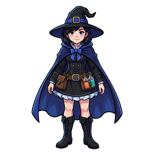 i want a witch character with black and blue as it's main colors, a highly detailed, a cape, a short puffy dress and a tool belt with potions.