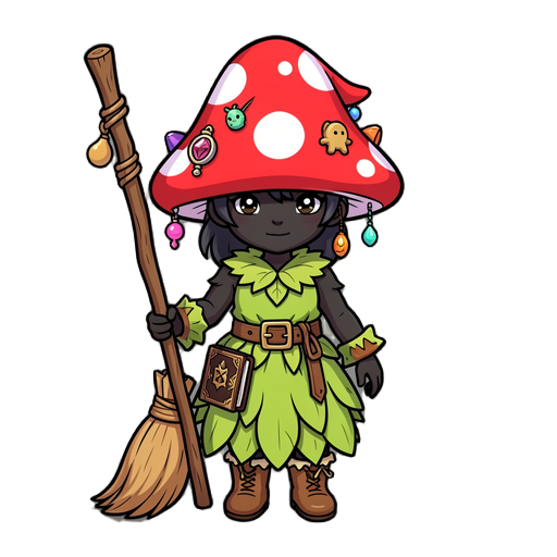 cute little mushroom hat witch, her skin is almost black,  big red with white spots mushroom witch hat decorated with trinkets, leaf dress and boots, broom also work as a staff, belt with a grimoire.