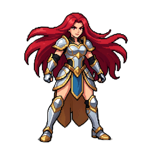 the pixelated warrior is depicted as a fierce and elegant fighter, blending strength and grace in her design. she has long, flowing red hair that moves dynamically with each pose, and her armor is crafted from silver and gold plates, giving her a regal ye