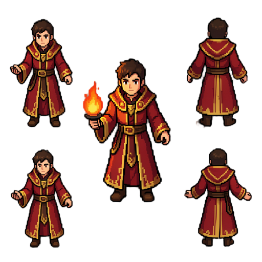 create a 2d pixel art top-down fire mage sprite sheet for a game character.  style: clean pixel art, fantasy rpg, detailed but readable at small size, consistent with modern top-down action-survivor games.  character: young male fire mage, red and gold ro