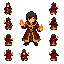 create a 2d pixel art top-down fire mage sprite sheet for a game character.  style: clean pixel art, fantasy rpg, detailed but readable at small size, consistent with modern top-down action-survivor games.  character: young male fire mage, red and gold ro