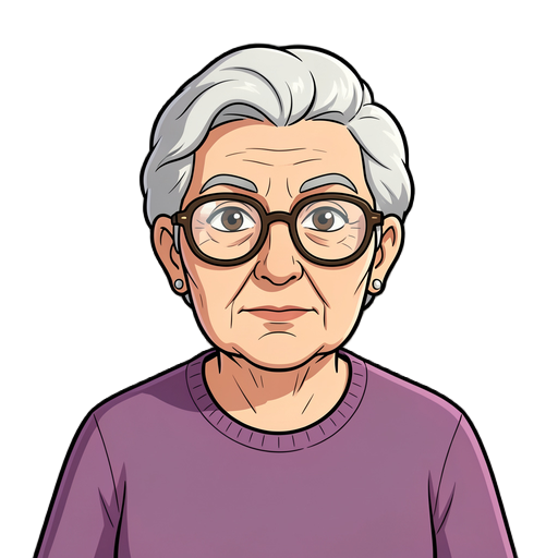 a character portrait facing forward of a grandma wearing glasses