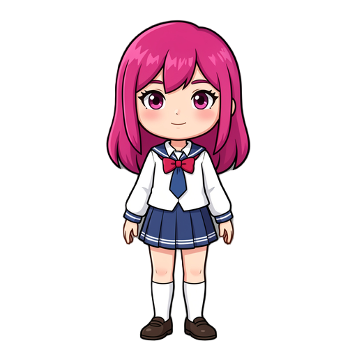 genere une fille avec uniforme scolaire et qui a des cheveux rose magenta