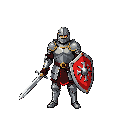 crie um personagem 2d pixelado,o personagem veste uma armadura templária e segura uma espada e um escudo com o símbolo dos templários,o personagem está em uma cidade medieval com piso de perda e casas de madeira e palha ao seu redor