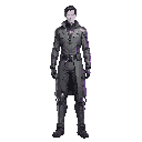 full-body character concept art of a young adult male biopunk scientist. he has a tall, slim build with long legs and narrow shoulders, giving him a graceful yet understated silhouette. his face is handsome with delicate features, pale skin, a straight no