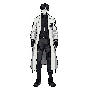 full-body character concept art of a young adult male biopunk scientist. he has a tall, slim build with long legs and narrow shoulders, giving him a graceful yet understated silhouette. his face is handsome with delicate features, pale skin, a straight no
