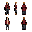 criar imagem pixel art character sprite sheet, snes/gba 32-bit era style, four views: front, back, left side, right side. full body, idle standing pose. white background.  art style rules (mandatory):  strong consistent black outline on all edges, 1-2px t