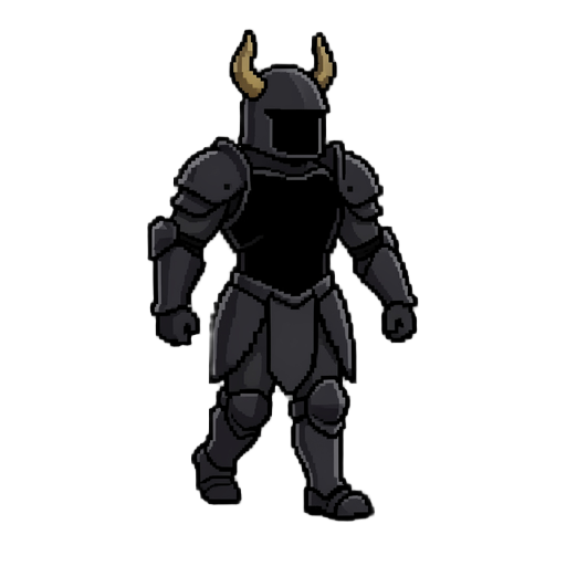 um cavaleiro de armadura meia preta com chifre e pegue o em pixel sem o chifre preto dentro da armadura nada dentro andando