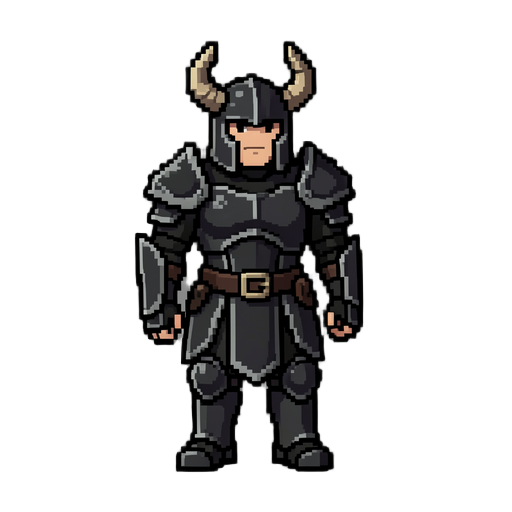 um cavaleiro de armadura meia preta com chifre e pegue o em pixel sem o chifre preto