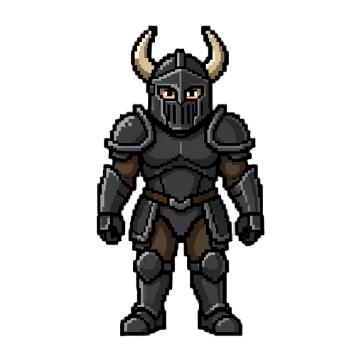 um cavaleiro de armadura meia preta com chifre e pegue o em pixel