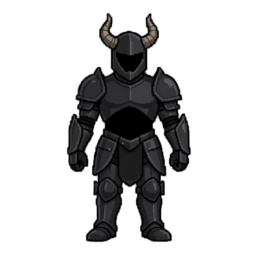 um cavaleiro de armadura meia preta com chifre e pegue o em pixel sem o chifre preto dentro da armadura nada dentro
