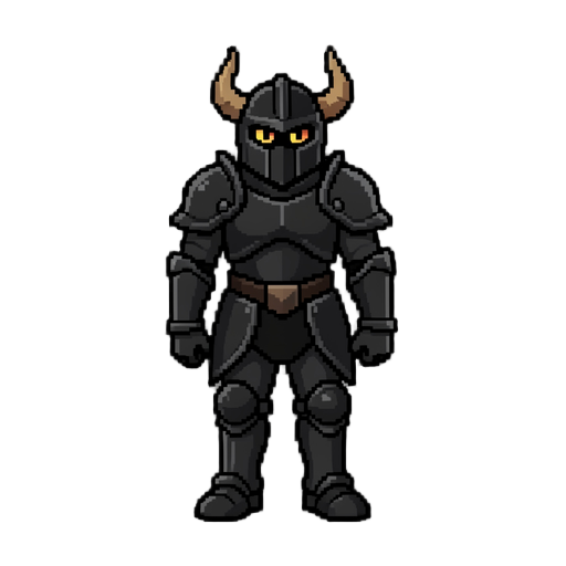 um cavaleiro de armadura meia preta com chifre e pegue o em pixel
