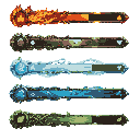 fantasy rpg game hud / health interface concept sheet, five elemental hp styles based on fire / rock / wind / water / grass, horizontal health bars with unique elemental frames and icon systems, premium game ui design, high readability, polished vfx detai
