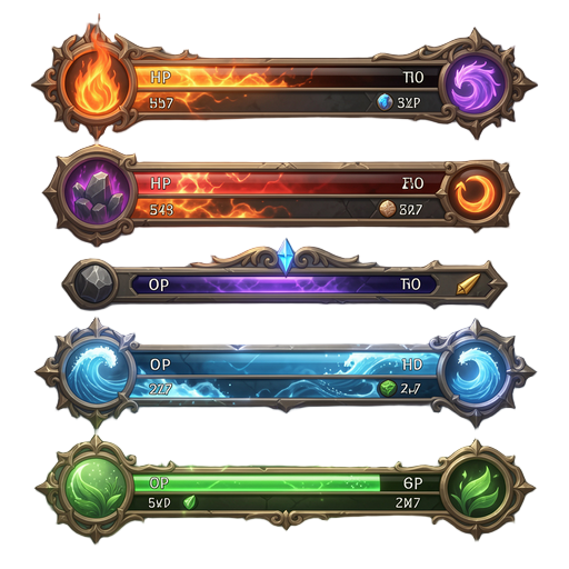 fantasy rpg game hud / health interface concept sheet, five elemental hp styles based on fire / rock / wind / water / grass, horizontal health bars with unique elemental frames and icon systems, premium game ui design, high readability, polished vfx detai