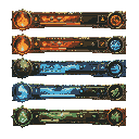 fantasy rpg game hud / health interface concept sheet, five elemental hp styles based on fire / rock / wind / water / grass, horizontal health bars with unique elemental frames and icon systems, premium game ui design, high readability, polished vfx detai
