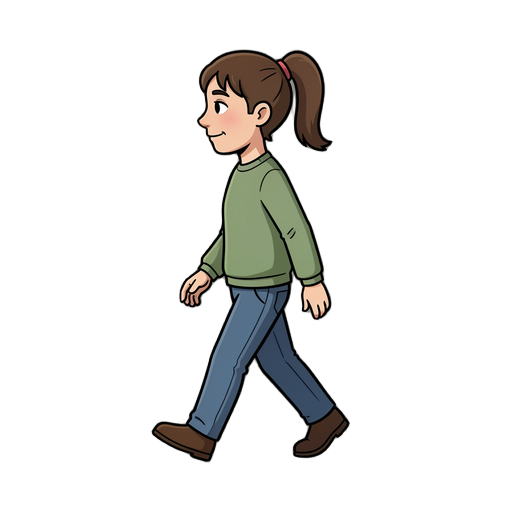 use the uploaded character image as the exact reference.  create a left-facing classic 2d point-and-click adventure walk animation for the same character.  keep the same face, ponytail, proportions, outfit, colors and silhouette. do not redesign the chara