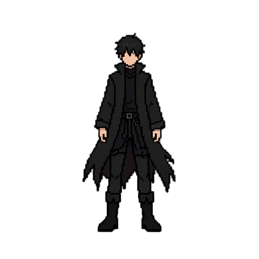 side-view pixel art character sprite of a dark fantasy young man who manipulates time and space. he has messy black hair, a long torn black coat with a high collar, black layered clothes, boots, and a slim silhouette. his face does not need to be clearly 