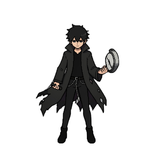 a top-down pixel art character sprite of a dark fantasy young male who manipulates time and space. he has messy black hair, a long torn black coat with a high collar, black clothes, a slim body, and a cold emotionless expression. his weapon is a half-brok