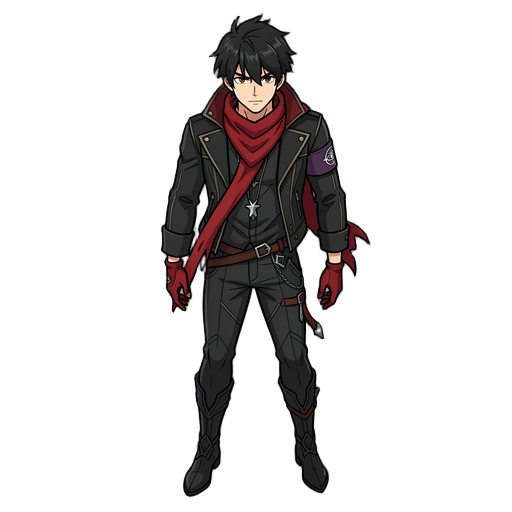 a man with black clothes and red scarf.