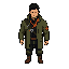 create a 64x64 stylized pixel art game sprite based on the reference character.  full body character sprite for a 2d top-down game, slightly top-down / 3/4 view, facing down/front. the character must be readable at small size, with a clear silhouette and 