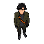 64x64 stylized pixel art sprite postapocalyptic man. full body, 2d top-down / 3/4 view, facing front/down. clear silhouette, simple shapes, readable at small size. keep dark messy hair, olive utility jacket, dark clothes, chest strap and muted orange acce