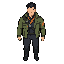 64x64 stylized pixel art sprite based on the reference. full body, 2d top-down / 3/4 view, facing front/down. clear silhouette, simple shapes, readable at small size. keep dark messy hair, olive utility jacket, dark clothes, chest strap and muted orange a