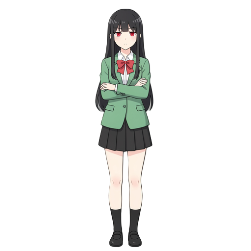 1girl, akane, long straight black hair, red eyes, serious expression,  slim figure, tall posture, school uniform, green blazer,  white shirt, red bow tie, black skirt, black socks,  standing, arms crossed, front view, upper body,  anime style, visual nove