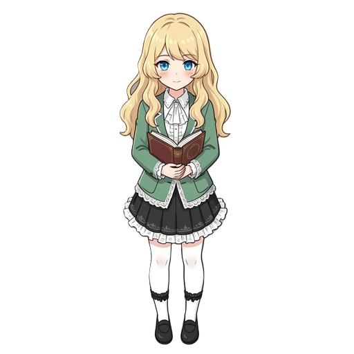1girl, elizabeth, long wavy blonde hair, blue eyes, gentle expression,  small petite figure, delicate features, school uniform,  green blazer with lace trim, white shirt with ruffled collar,  black skirt with frills, white stockings,  holding book, standi